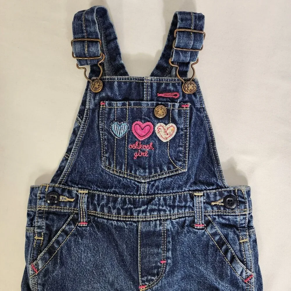 OshKosh Bgosh Toddler Girls Vestbak Overalls 18mo Blue Denim Embroidered Hearts